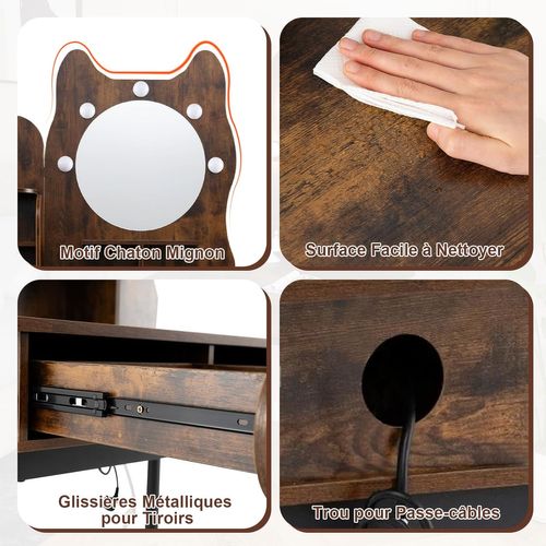 Coiffeuse Avec Miroir En Forme De Chat, 3 Modes D'éclairage, Luminosité Réglable(industriel+noir)