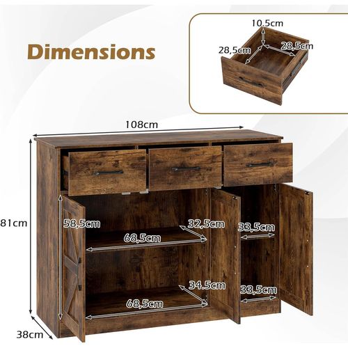 Buffet Salle à Manger,meuble De Cuisine Bas,3 Tiroirs,3 Portes,étagères Réglables,(marron Rustique)