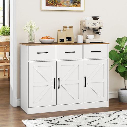 Buffet Salle à Manger,meuble De Cuisine Bas,3 Tiroirs,3 Portes,étagères Réglables(blanc)