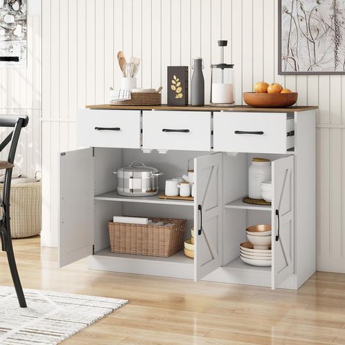 Buffet Salle à Manger,meuble De Cuisine Bas,3 Tiroirs,3 Portes,étagères Réglables(blanc)