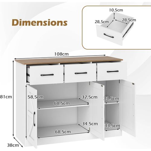 Buffet Salle à Manger,meuble De Cuisine Bas,3 Tiroirs,3 Portes,étagères Réglables(blanc)