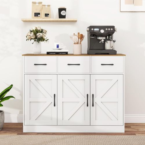 Buffet Salle à Manger,meuble De Cuisine Bas,3 Tiroirs,3 Portes,étagères Réglables(blanc)