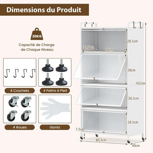 Meuble Cuisine Rangement 5 Niveaux,etagere Rangement En Fer,portes Battantes(80 X 40 X 162 Cm,blanc)