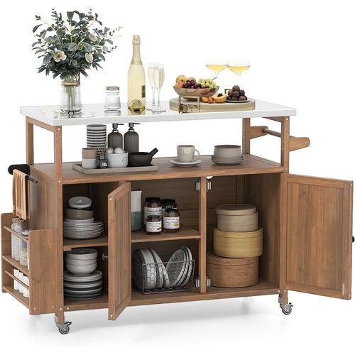 Chariot D'extérieur En Bois Avec 2 Plateaux, Meuble De Préparation Bbq Avec Roulettes Verrouillables