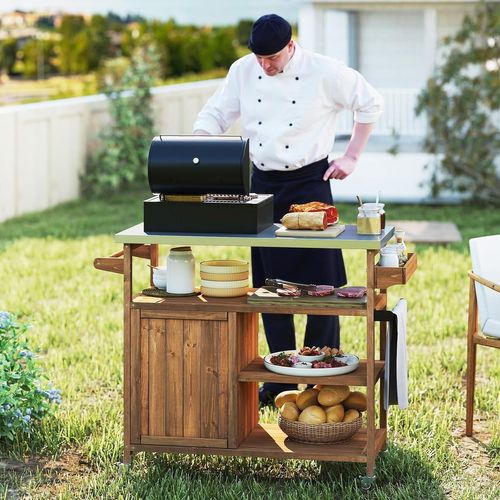 Chariot D'extérieur En Bois Avec Rangement, Meuble De Préparation Bbq Avec Plateau 3 Étagères