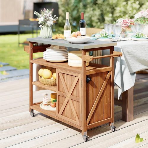 Chariot D'extérieur En Bois Avec Rangement, Meuble De Préparation Bbq Avec Plateau 3 Étagères