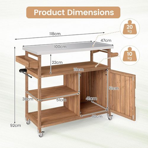 Chariot D'extérieur En Bois Avec Rangement, Meuble De Préparation Bbq Avec Plateau 3 Étagères