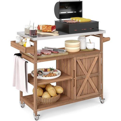 Chariot D'extérieur En Bois Avec Rangement, Meuble De Préparation Bbq Avec Plateau 3 Étagères