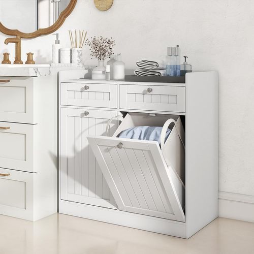 Meuble Salle De Bain Avec Panier Rabattable,meuble Panier à Linge Intégré Avec 2 Tiroirs(79x40x80cm)