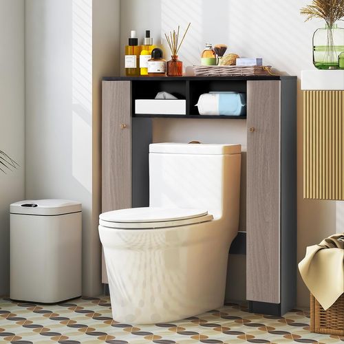 Meuble Wc Au-dessus De Toilettes,meuble De Rangement Avec 2 Compartiments Ouverts(gris+noir)