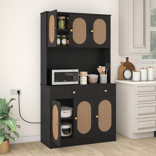 Armoire De Rangement,buffet Avec Vitrine,station De Recharge,6 Portes En Rotin,2 Tiroirs(noir)