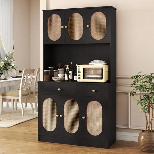 Armoire De Rangement,buffet Avec Vitrine,station De Recharge,6 Portes En Rotin,2 Tiroirs(noir)