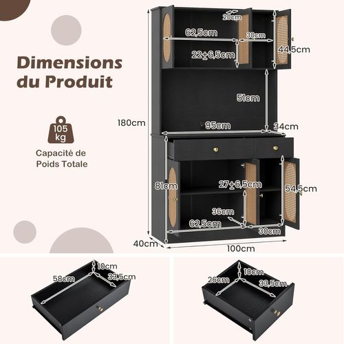 Armoire De Rangement,buffet Avec Vitrine,station De Recharge,6 Portes En Rotin,2 Tiroirs(noir)