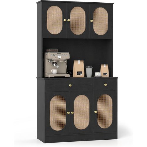 Armoire De Rangement,buffet Avec Vitrine,station De Recharge,6 Portes En Rotin,2 Tiroirs(noir)