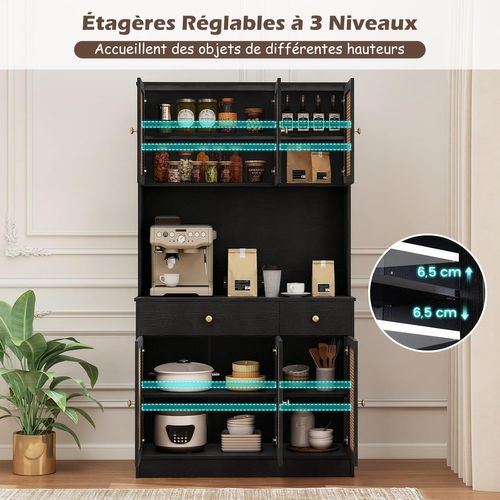 Armoire De Rangement,buffet Avec Vitrine,station De Recharge,6 Portes En Rotin,2 Tiroirs(noir)