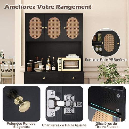 Armoire De Rangement,buffet Avec Vitrine,station De Recharge,6 Portes En Rotin,2 Tiroirs(noir)