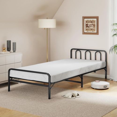 Cadre De Lit Pliant Avec Matelas 90 X 200 Cm, Lit Pliable Portable Avec Tête Et Pied De Lit,noir