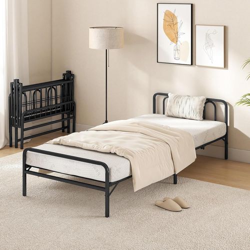 Cadre De Lit Pliant Avec Matelas 90 X 200 Cm, Lit Pliable Portable Avec Tête Et Pied De Lit,noir