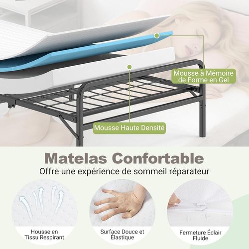 Cadre De Lit Pliant Avec Matelas 90 X 200 Cm, Lit Pliable Portable Avec Tête Et Pied De Lit,noir