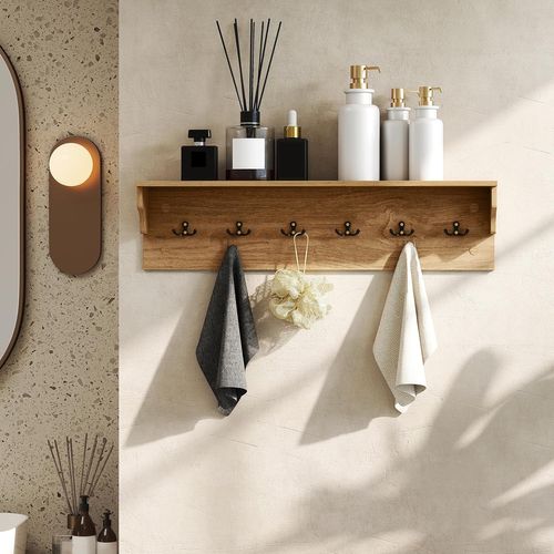 Porte-manteau Mural 80 Cm Avec Étagère, Patere Murale Bois,6 Crochets,naturel