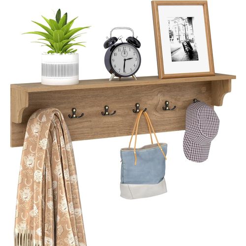 Porte-manteau Mural 80 Cm Avec Étagère, Patere Murale Bois,6 Crochets,naturel