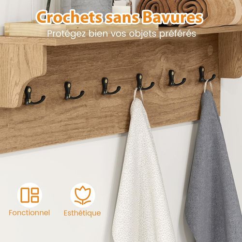Porte-manteau Mural 80 Cm Avec Étagère, Patere Murale Bois,6 Crochets,naturel