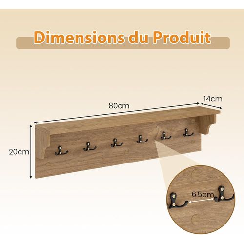 Porte-manteau Mural 80 Cm Avec Étagère, Patere Murale Bois,6 Crochets,naturel