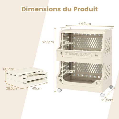 Chariot De Rangement à Roulettes, Chariot De Service Empilable En Pp Avec Poignées (3 Niveaux)