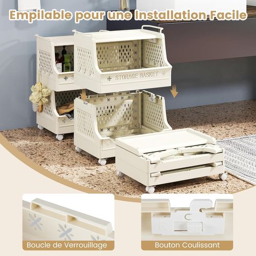 Chariot De Rangement à Roulettes, Chariot De Service Empilable En Pp Avec Poignées (3 Niveaux)