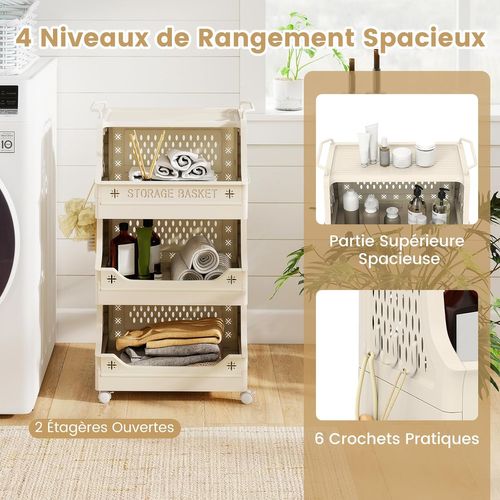 Chariot De Rangement à Roulettes, Chariot De Service Empilable En Pp Avec Poignées (4 Niveaux)