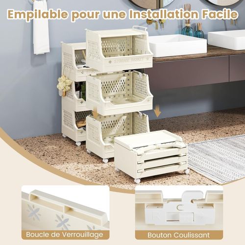 Chariot De Rangement à Roulettes, Chariot De Service Empilable En Pp Avec Poignées (4 Niveaux)