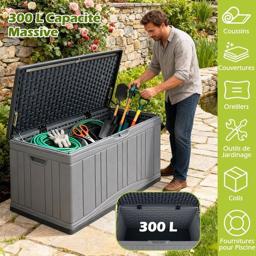 Coffre De Rangement 300 L,grand Conteneur En Hdpe Avec Vérins à Gaz et Couvercle Verrouillable,gris