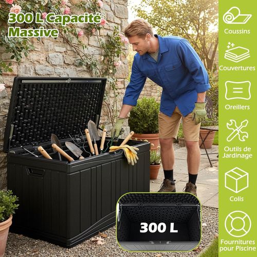 Coffre De Rangement 300 L,grand Conteneur En Hdpe Avec Vérins à Gaz et Couvercle Verrouillable,noir
