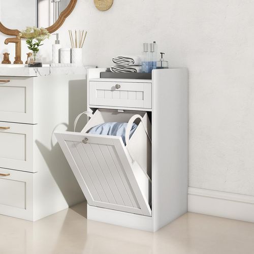 Meuble Salle De Bain Avec Panier Rabattable, Meuble Panier à Linge Intégré Avec Tiroir (40x40x80cm)