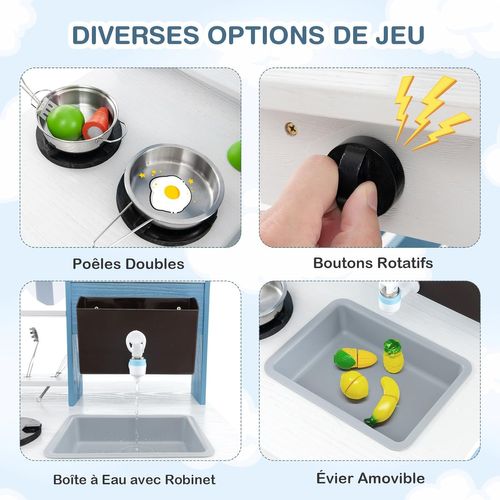 Cuisine Enfant Double Face Avec Réservoir à Eau et Evier Amovible,jeu De Cuisine En Bois,58x56x87cm