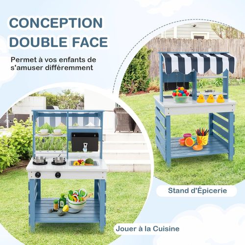 Cuisine Enfant Double Face Avec Réservoir à Eau et Evier Amovible,jeu De Cuisine En Bois,58x56x87cm