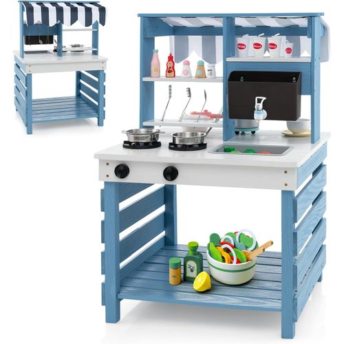 Cuisine Enfant Double Face Avec Réservoir à Eau et Evier Amovible,jeu De Cuisine En Bois,58x56x87cm