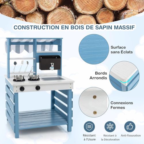 Cuisine Enfant Double Face Avec Réservoir à Eau et Evier Amovible,jeu De Cuisine En Bois,58x56x87cm