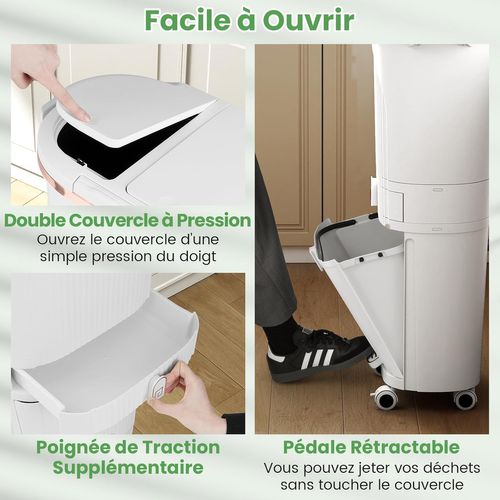 Poubelle Cuisine Double Compartiments En Plastique 42l,tri Selectif à Roulettes Avec Tiroir,blanc