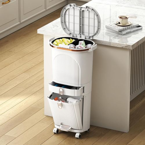 Poubelle Cuisine Double Compartiments En Plastique 42l,tri Selectif à Roulettes Avec Tiroir,blanc