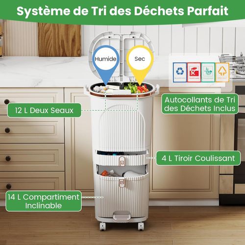 Poubelle Cuisine Double Compartiments En Plastique 42l,tri Selectif à Roulettes Avec Tiroir,blanc