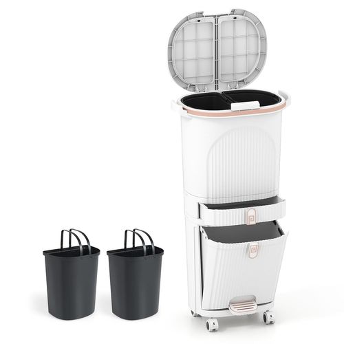 Poubelle Cuisine Double Compartiments En Plastique 42l,tri Selectif à Roulettes Avec Tiroir,blanc