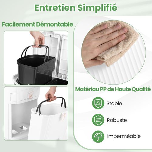 Poubelle Cuisine Double Compartiments En Plastique 42l,tri Selectif à Roulettes Avec Tiroir,blanc
