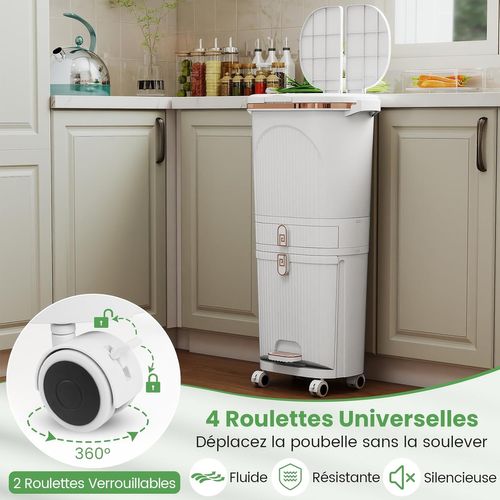 Poubelle Cuisine Double Compartiments En Plastique 42l,tri Selectif à Roulettes Avec Tiroir,blanc