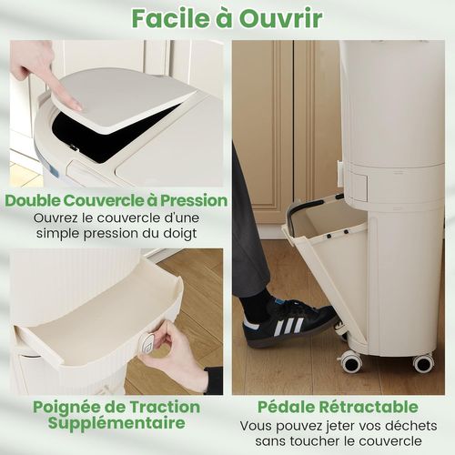 Poubelle Cuisine Double Compartiments En Plastique 42l,tri Selectif à Roulettes Avec Tiroir,beige