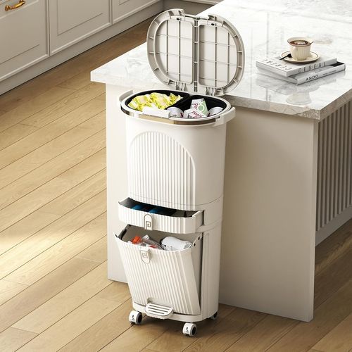 Poubelle Cuisine Double Compartiments En Plastique 42l,tri Selectif à Roulettes Avec Tiroir,beige