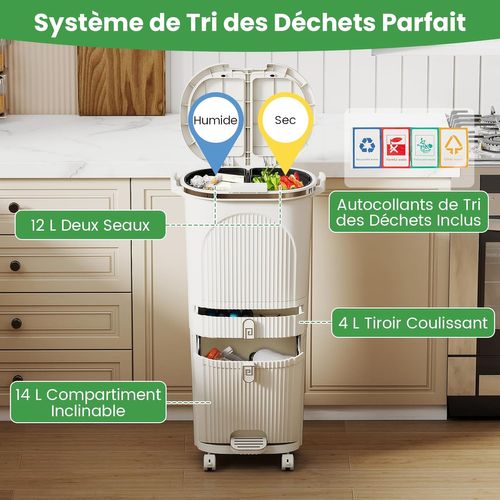 Poubelle Cuisine Double Compartiments En Plastique 42l,tri Selectif à Roulettes Avec Tiroir,beige