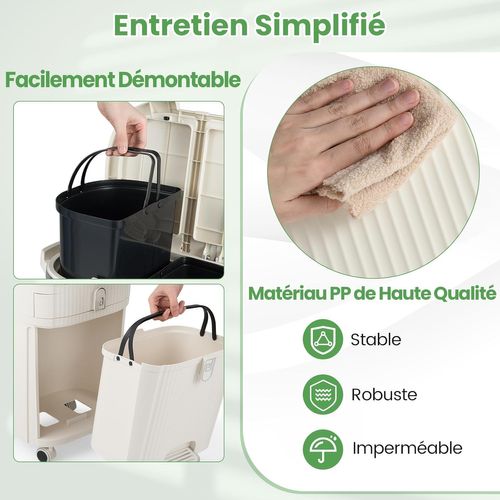 Poubelle Cuisine Double Compartiments En Plastique 42l,tri Selectif à Roulettes Avec Tiroir,beige