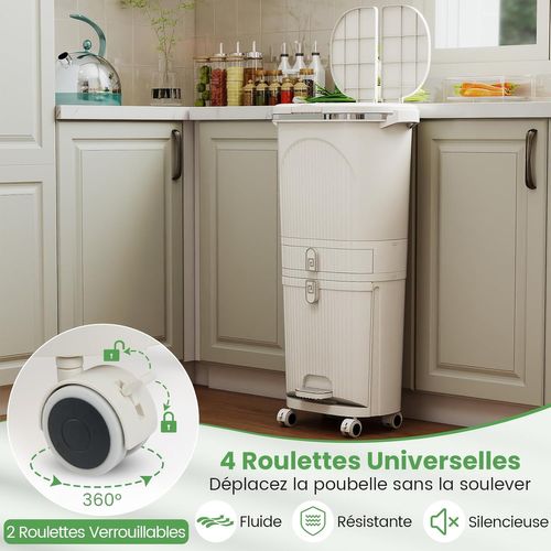 Poubelle Cuisine Double Compartiments En Plastique 42l,tri Selectif à Roulettes Avec Tiroir,beige