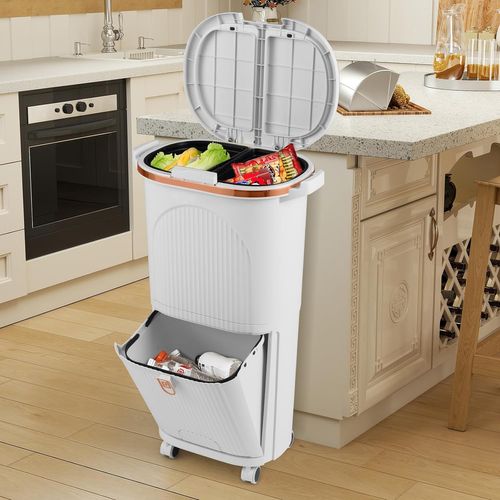 Poubelle Cuisine Double Compartiments En Plastique 38l,tri Selectif à Roulettes,2 Couvercles(blanc)